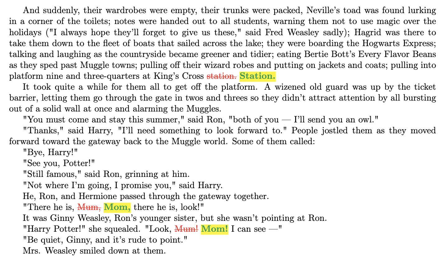 A second passage from the same reconstruction, again nearly identical to the book; the only changes are punctuation and British-to-American spelling — 'station.' to 'Station.' and 'Mum' to 'Mom'.