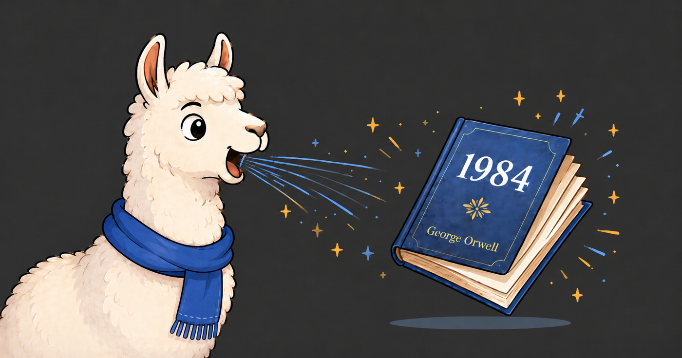 A cartoon llama spitting out a copy of George Orwell's 1984