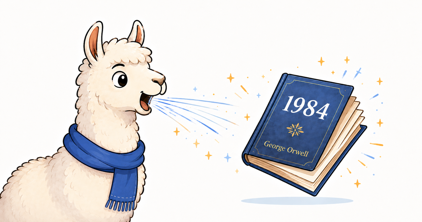 A cartoon llama spitting out a copy of George Orwell's 1984